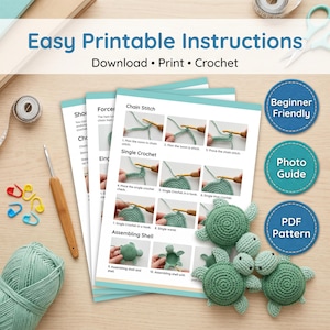 May include: A printable crochet pattern guide featuring step-by-step photo instructions for creating a small green turtle. The document includes sections on chain stitch, single crochet, and shell assembly, accompanied by yarn, a hook, and markers.