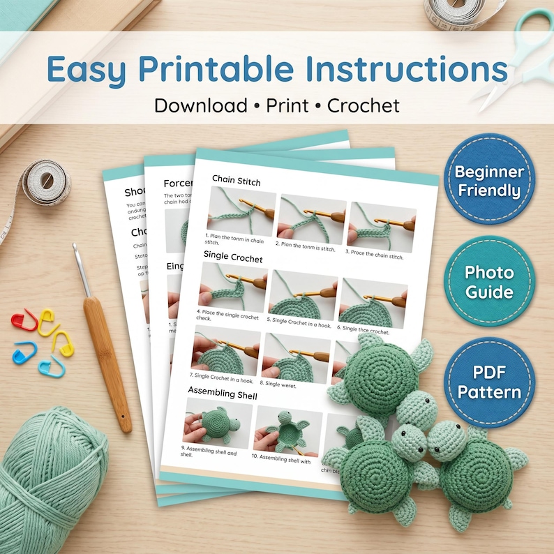 May include: A printable crochet pattern guide featuring step-by-step photo instructions for creating a small green turtle. The document includes sections on chain stitch, single crochet, and shell assembly, accompanied by yarn, a hook, and markers.