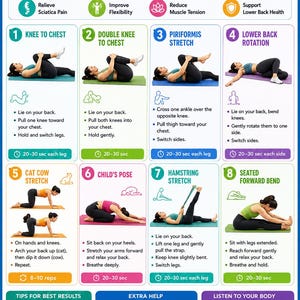 Könnte beinhalten: Eine lehrreiche Infografik mit dem Titel Sciatica Pain Relief Exercises, die acht nummerierte Illustrationen von Dehnübungen zeigt. Jeder Abschnitt enthält schriftliche Anleitungen, Zeitangaben und Symbole zur Schmerzlinderung, Flexibilitätssteigerung und Unterstützung der unteren Rückenpartie.