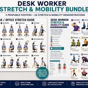 May include: A digital bundle of two posters titled Desk Worker Stretch & Mobility Bundle, featuring 24 illustrated exercise demonstrations for office workers. The posters include step-by-step visual guides for neck, back, and limb stretches.