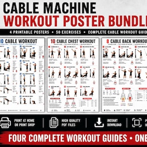 Paket med posters för träning med kabelmaskin | 4 utskrivbara träningsscheman för gym (digital nedladdning)