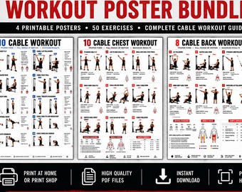 May include: A digital download bundle featuring four white workout posters with black text and red accents. The posters display 50 cable machine exercises with illustrations of human figures demonstrating proper form, muscle groups, and workout routines.