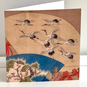 Carte de voeux pour fans et cigognes K40 ; bel art textile japonais ;  Intérieur vierge, 150 mm carré, fabriqué au Royaume-Uni