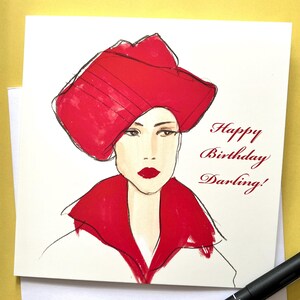 G2;NOUVEAU; Carte d'anniversaire ; carré vierge ; haute qualité ; carte d'art de la mode ; Fabriqué au Royaume-Uni ; couture des années 50 ; Chapeau rouge ; glamour