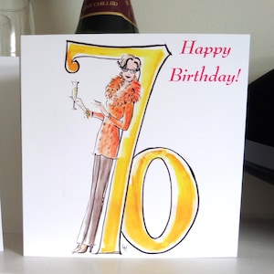 G24; biglietto per il 70° compleanno; biglietto vuoto; qualità; signora dello champagne; prodotto nel Regno Unito; divertente; elegante; nonna; mamma; biglietto giovanile; biglietto speciale; donna alla moda