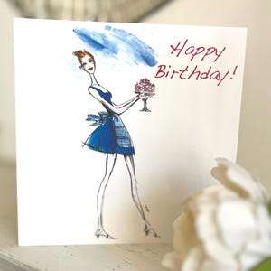 L1 Happy Birthday - mit Kuchen! 60er Jahre;süß; 150 mm im Quadrat; blaues Kleid; Mode; Schwester; Tochter; Hergestellt in Großbritannien