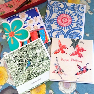 KOP2; 4er Kartenset; Sparen Sie 25%; Schönes japanisches Textilkunstthema; Lizzie Huxtable Design; hochwertiger quadratischer Rohling; Geburtstag/jeden Tag/anlass
