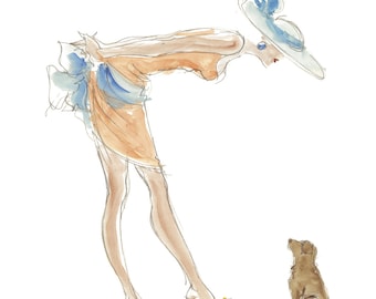 Fashion Art Print;Lady at Races and Pup: "Bonjour!" Mothers Day Gift
