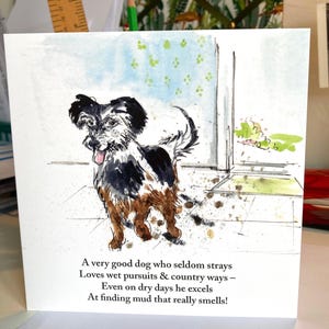 Divertente biglietto con cane; animale domestico infangato; compleanno; animale domestico simpatico; grazie; acquerello; terrier; spaniel; quadrato; paese; fascino; divertente; compleanno