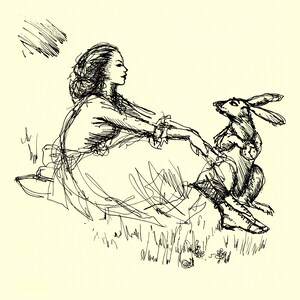 P28A4 „Alicja i Królik” Rysunek tuszem; wydruk artystyczny giclee; dla dzieci; opowieść; literatura; artystyczny; rysunek; odręczny; szkic