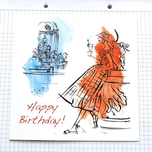 Cartão de aniversário de arte da moda dos anos 50 para ela; laranja; viagem à Itália; pintado à mão; colecionável LIZI; esposa; filha; Roma; Hepburn