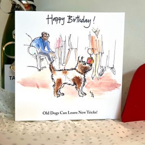 KD25 Katzndogz; vecchi cani e nuovi trucchi; amante degli animali; bambini; disegno ad acquerello; quadrato; bel cane; divertente; compleanno; l'età è solo...
