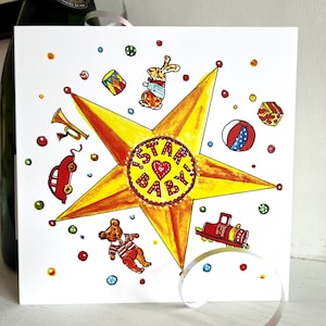 L8 Star Baby NIEUW aquarelkunst nieuwe babykaart; 150 mm vierkant; gouden ster met speelgoed blanco binnenin; Gemaakt in het Verenigd Koninkrijk; exclusief, kleurrijk van hoge kwaliteit
