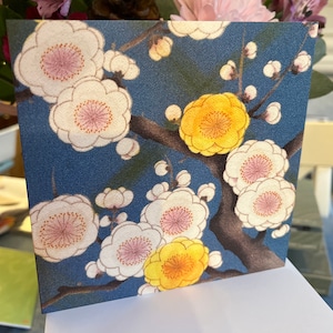 Florale Kunstkarte für sie; Kimono kunst karte blau,gold,floral; textile Kunst;Quadrat;mama;Gärtnerin;K4; LGBT; innen leer