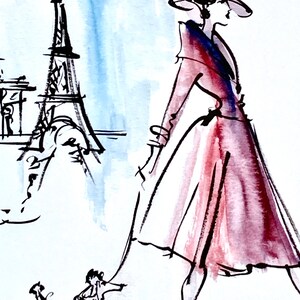 May include: A woman in a red dress and a wide-brimmed hat walks a small dog in front of the Eiffel Tower. The scene is painted in watercolour and ink.