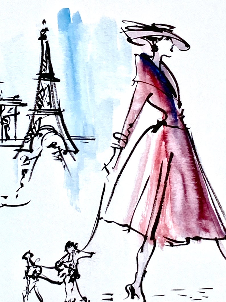 May include: A woman in a red dress and a wide-brimmed hat walks a small dog in front of the Eiffel Tower. The scene is painted in watercolour and ink.