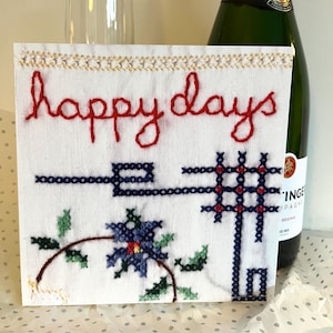 L19 Vintage borduurthema 'Happy Days'; vierkant van 150 mm; blanco binnenkant; nostalgie; vriend;familie;bruiloft