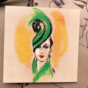 G4;  50er Jahre;Couture; Skizze; Frau; Tochter;Schwester;Kollegin; sammelbare Kunst; Reich;Textur; super schick; Grüner Hut einer Frau