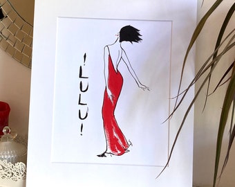 P42A4 "Lulu!" Ink and Gouache sketch; Young girl with scarletdress; romantic;dramatic;colour accent;decor;art