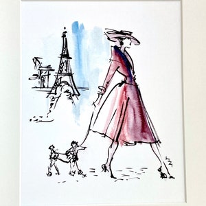 Paris Fashion Art Print: Coco and Fifi, 50&#39;s Glamour - A4 Mounted