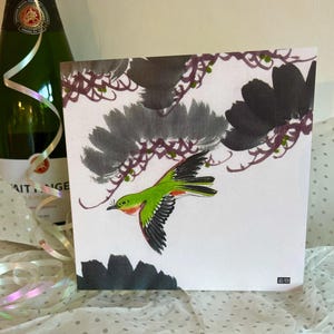 K13 Kimono; Geburtstag; jeden Tag; Karte fliegender Vogel,innen leer; Qualität made in UK; Japanische Textilkunst;Kinder;grün; Lizzie Huxtisch