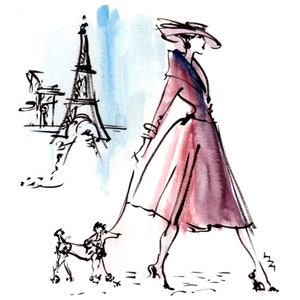 With a watercolour was background of blue skies and the Eiffel Tower, our Coco is clearly in Paris, in her Dior style suit and dashing hat in plum colour silks; her devoted poodle Fifi trots behind. A lively sketch capturing a lighthearted Spring.