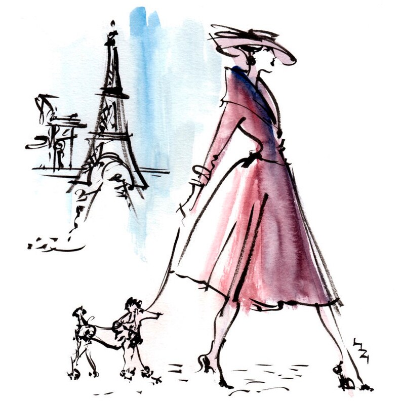 With a watercolour was background of blue skies and the Eiffel Tower, our Coco is clearly in Paris, in her Dior style suit and dashing hat in plum colour silks; her devoted poodle Fifi trots behind. A lively sketch capturing a lighthearted Spring.