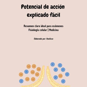 May include: An educational diagram explaining action potential, with text in Spanish. The title reads "Potencial de acción explicado fácil" and includes "Resumen claro ideal para exámenes Fisiología celular | Medicina". The diagram shows ions and a neural structure.