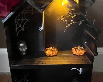 Repurposed Haunted Dollhouse 13” Tall Tealight Lit Black Cats Cobwebs Skulls Pumpkins