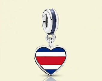 Sterling Silver Our Lady Costa Rica Flag Dangle Charm With Mixed Enamel Pendant S925 Birthday Gift, Bridesmaid Gift for Her