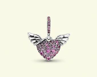 Pave Heart And Angel Wings Pendant Birthday Gift, Bridesmaid Gift for Her