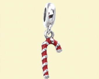 Sterling Silver Dangle Candy Cane Bead Charm Birthday Gift, Bridesmaid Gift for Her