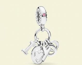Charm I Love You Dangle Fancy Pink Cz Birthday Gift, Bridesmaid Gift for Her