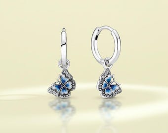Sterling Silver Sparkling S925 Blue Butterfly Stud Earrings Birthday Gift, Bridesmaid Gift for Her
