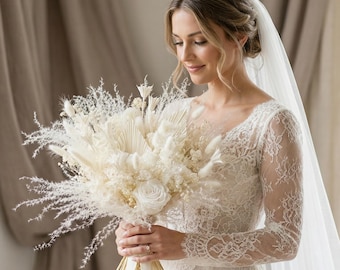 Ivory White Dried Flower Bridal Bouquet With Preserved Flowers For Rustic Wedding Details