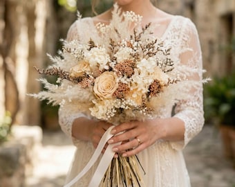 Hochzeit Brautstrauß in Elfenbein Champagner Trockenblume Brautstrauß Stil