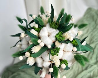 Dried Cotton and Eucalyptus Bridal Bouquet, Green and White Boho Wedding Flowers