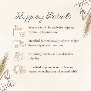 K&ouml;nnte beinhalten: Cremefarbene Grafik mit dem Text "Shipping Details" in eleganter Schrift. Der Text beschreibt die Auftragsbearbeitung und Lieferzeiten, einschlie&szlig;lich beschleunigter Versandoptionen. Dekorative Elemente sind Illustrationen eines Kalenders, eines Lastwagens, einer Kartenmarkierung und eines Globus.