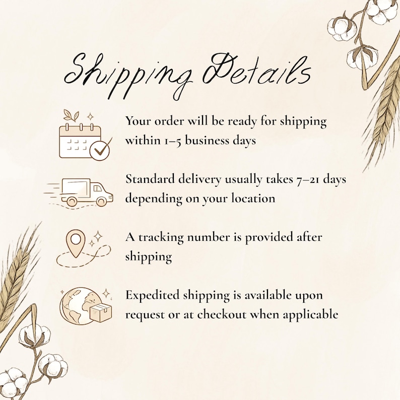 K&ouml;nnte beinhalten: Cremefarbene Grafik mit dem Text "Shipping Details" in eleganter Schrift. Der Text beschreibt die Auftragsbearbeitung und Lieferzeiten, einschlie&szlig;lich beschleunigter Versandoptionen. Dekorative Elemente sind Illustrationen eines Kalenders, eines Lastwagens, einer Kartenmarkierung und eines Globus.
