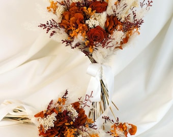 Terrakotta Gebrannte Orange Trockenblumen-Brautstrauß mit konservierten Blumen für rustikale Hochzeits-Details