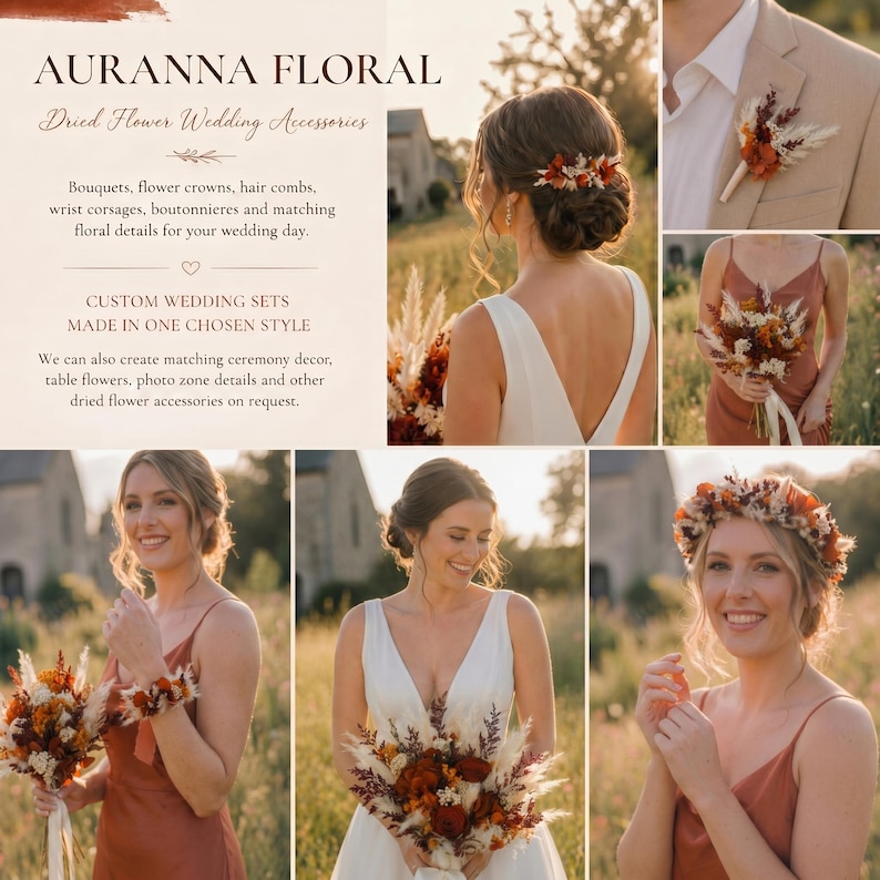 K&ouml;nnte beinhalten: Eine Collage mit Hochzeitsaccessoires aus Trockenblumen. Das Bild zeigt Str&auml;u&szlig;e, Blumenkr&auml;nze, Haark&auml;mme, Armb&auml;nder und Knopfl&ouml;cher. Die Farbpalette umfasst warme T&ouml;ne von Orange, Braun und Creme, perfekt f&uuml;r eine rustikale oder b&ouml;hmische Hochzeit.