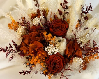 Red Orange Preserved Flower Bridal Bouquet With Dried Flowers For Rustic Wedding Details
