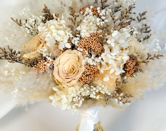 Ivory Beige Dried Flower Bridal Bouquet With Preserved Flowers For Rustic Wedding Details
