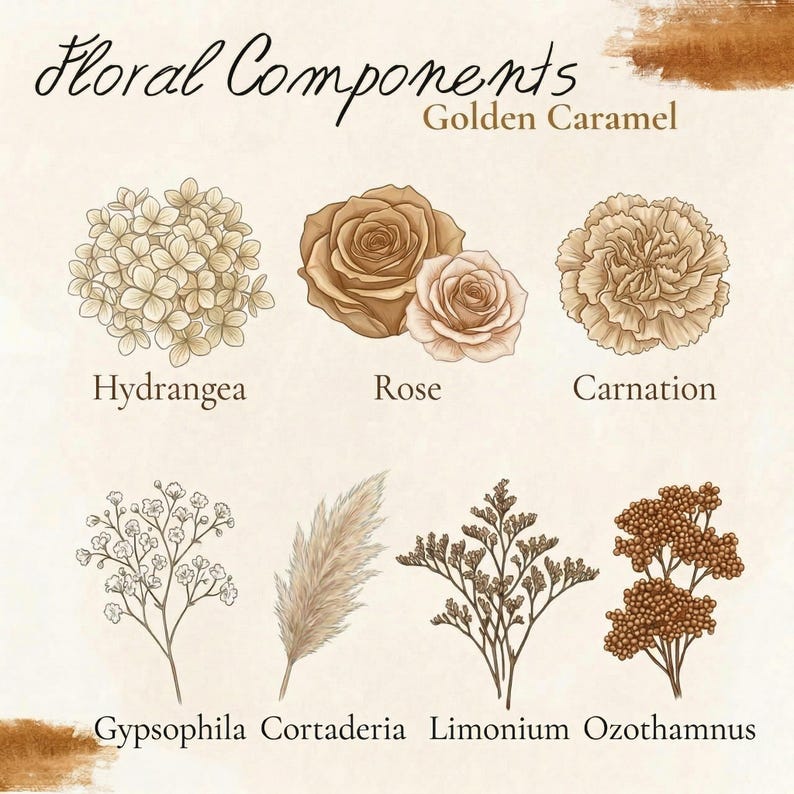 K&ouml;nnte beinhalten: Illustration floraler Komponenten in Braun- und Beiget&ouml;nen, darunter Hortensie, Rose, Nelke, Schleierkraut, Cortaderia, Limonium und Ozothamnus. Der Text &bdquo;Floral Components&ldquo; und &bdquo;Golden Caramel&ldquo; steht oben.
