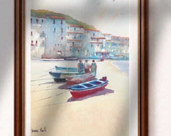 Italian Beach Watercolour Print | Coastal Village Boats Scene (Digital Download)