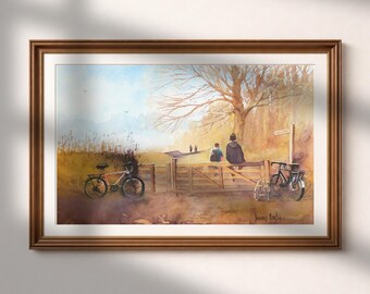 Countryside Watercolour Print | Bicycle Landscape Art | Farmhouse Decor (Digital Download)