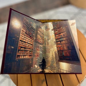 Pode incluir: Livro aberto com uma ilustra&ccedil;&atilde;o fant&aacute;stica de uma pessoa numa biblioteca. A imagem mostra uma pessoa numa ponte rodeada por estantes e livros flutuantes. O livro tem uma capa bord&ocirc; e est&aacute; sobre uma mesa de madeira.