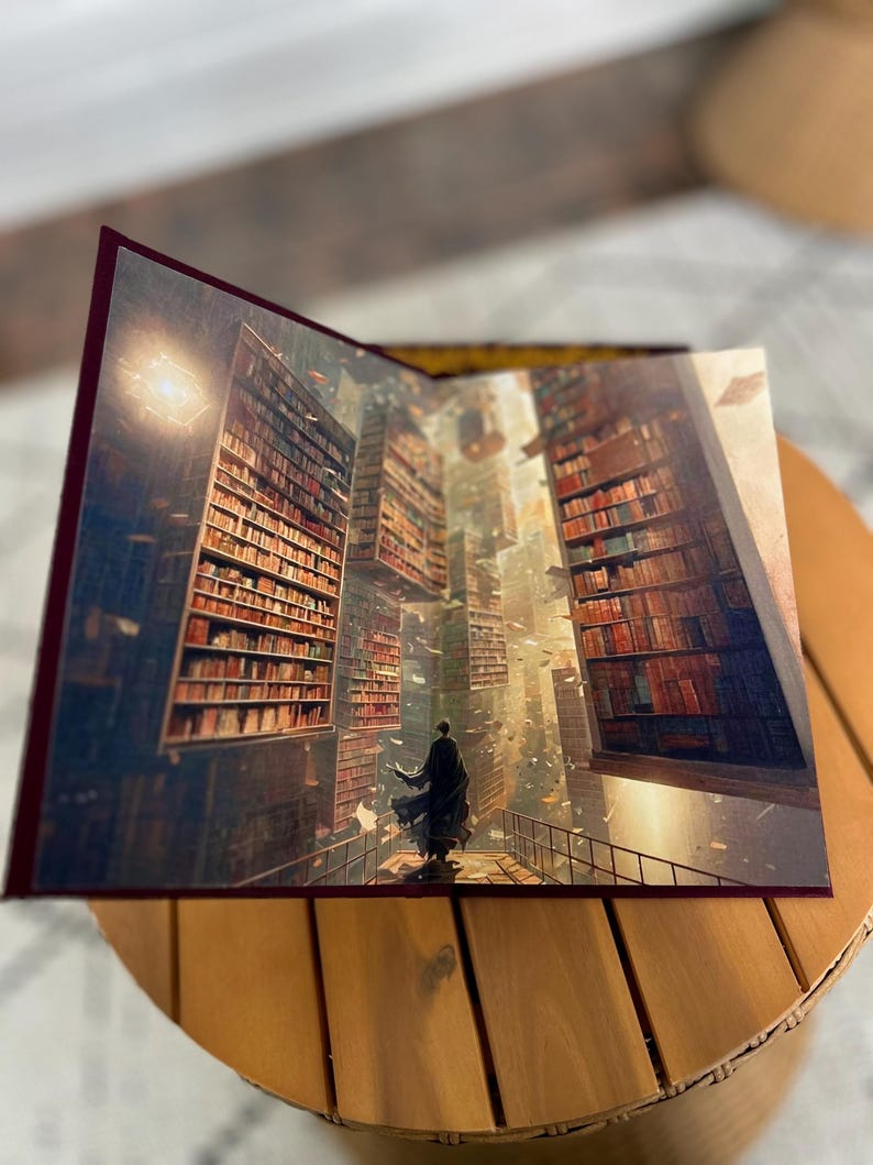 Pode incluir: Livro aberto com uma ilustra&ccedil;&atilde;o fant&aacute;stica de uma pessoa numa biblioteca. A imagem mostra uma pessoa numa ponte rodeada por estantes e livros flutuantes. O livro tem uma capa bord&ocirc; e est&aacute; sobre uma mesa de madeira.