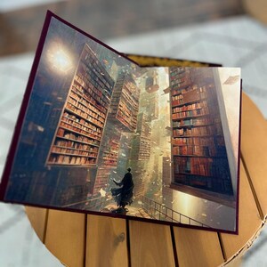 Pode incluir: Um livro aberto com uma ilustra&ccedil;&atilde;o surrealista de uma pessoa numa ponte numa biblioteca. A biblioteca tem v&aacute;rios n&iacute;veis de estantes, com livros e pap&eacute;is flutuando no ar. O livro tem uma borda bord&ocirc; e est&aacute; sobre uma mesa de madeira.