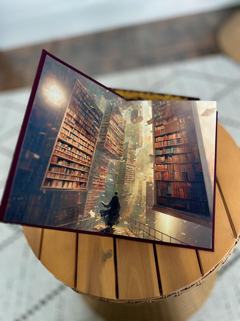 Pode incluir: Um livro aberto com uma ilustra&ccedil;&atilde;o surrealista de uma pessoa numa ponte numa biblioteca. A biblioteca tem v&aacute;rios n&iacute;veis de estantes, com livros e pap&eacute;is flutuando no ar. O livro tem uma borda bord&ocirc; e est&aacute; sobre uma mesa de madeira.